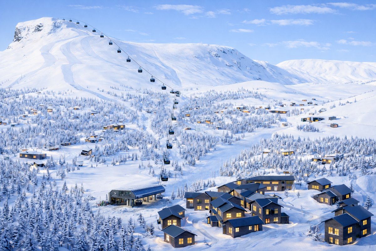 Gondolen over fjellsiden i dagslys, med bunnstasjon, hyttefelt og skianlegg.