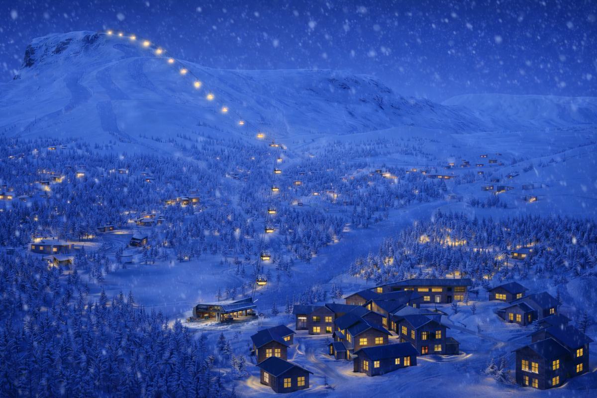 Gondolbanen opplyst i blåtimen, med lys fra kabiner og hytter i snølandskapet.