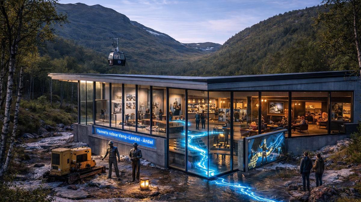 Opplevelsessenteret i glass og naturstein ved elva, med gondolbanen over taket og utstillingen om vannets reise synlig gjennom fasaden.