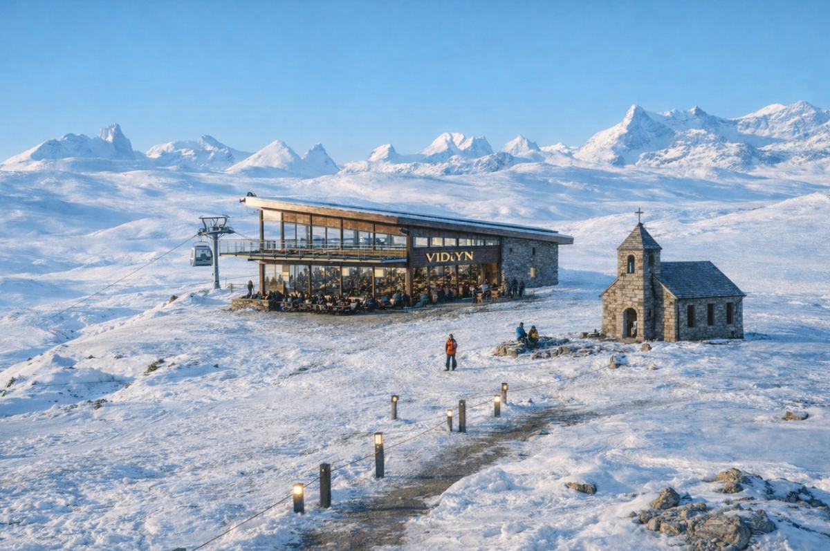 Toppstasjonen på Skørsnøse en klar vinterdag, med servering bak glassfasaden, opplyst sti og Jotunheimen i horisonten.